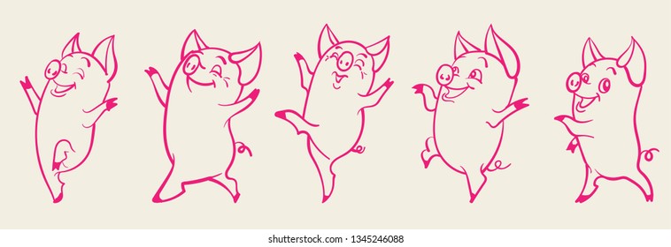 Cute cartoon pig illustration, vector set
