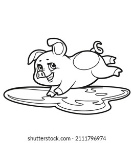 Cute cartoon pig jumping into a puddle outlined for coloring book on white background