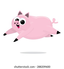 A cute cartoon pig jumping or leaping vector illustration.