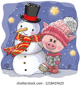 Cute Cartoon Pig in a knitted cap and snowman