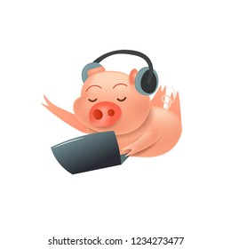 
Cute cartoon Pig with laptop and headphones. Good for Chinese New Year celebration cards, banners template. The year of the pig. Vector illustration.