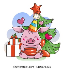 Cute cartoon pig in love with holiday tree. Symbol of New 2019 Year. Chinese horoscope