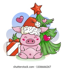 Cute cartoon pig in love with holiday tree. Symbol of New 2019 Year. Chinese horoscope