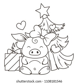 Cute cartoon pig in love with holiday tree. Symbol of New 2019 Year. Chinese horoscope. Coloring page