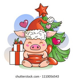 Cute cartoon pig in love with holiday tree. Symbol of New 2019 Year. Chinese horoscope