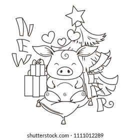 Cute cartoon pig in love with holiday tree. Symbol of New 2019 Year. Chinese horoscope. Coloring page