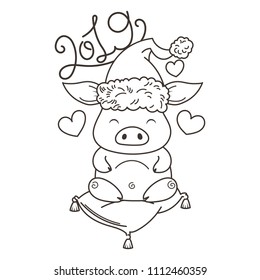 Cute cartoon pig in love with holiday tree. Symbol of New 2019 Year. Chinese horoscope. Coloring page