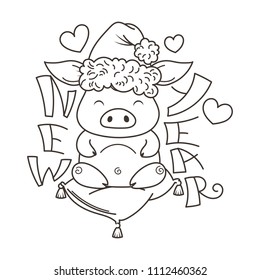 Cute cartoon pig in love with holiday tree. Symbol of New 2019 Year. Chinese horoscope. Coloring page