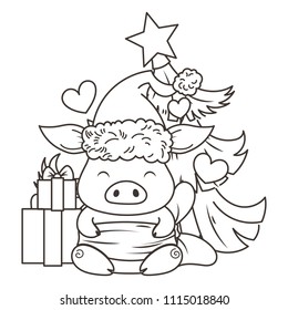 Cute cartoon pig in love with holiday tree. Symbol of New 2019 Year. Chinese horoscope. Coloring page