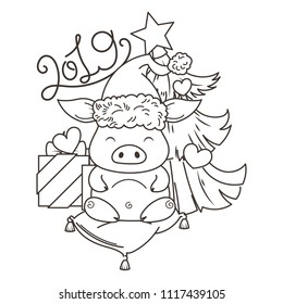 Cute cartoon pig in love with holiday tree. Symbol of New 2019 Year. Chinese horoscope. Coloring page