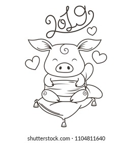 Cute cartoon pig in love. Symbol of New 2019 Year. Chinese horoscope. Coloring page