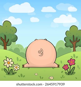 Porco de Desenho Animado Bonito na Natureza. Ilustração vetorial de um animal com flores vermelhas e brancas, grama e árvores.