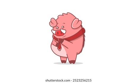 Cute cartoon pig pink business man is wearing a red tie 