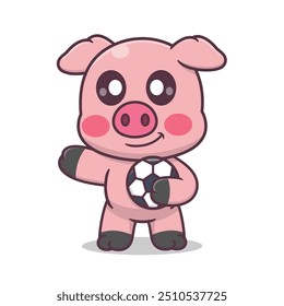 Cute Cartoon Pig Playing Ball Cartoon Illustration Icon Vector, Animals Sports Cartoon Icon Isolated Premium Vector, Cartoon Sports Style.