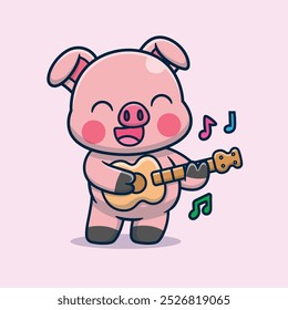 Cerdo lindo de la historieta que juega la ilustración del icono del Vector de la guitarra. Días festivos de música animal Icon Concept Vector de Premium aislado. Estilo de dibujos animados de Días festivos