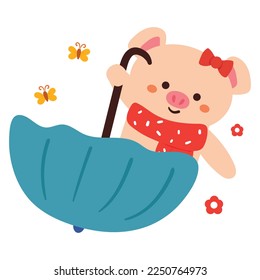cute cartoon pig playing with umbrella