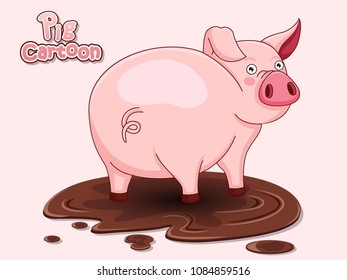 Cute Cartoon Pig in a puddle. Vector illustration with cartoon Funny pig