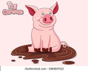 Cute Cartoon Pig in a puddle. Vector illustration with cartoon Funny pig