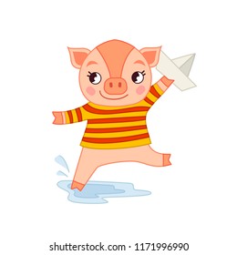 Cute cartoon pig runs a paper boat. Spring. Template for children's postcards, posters.
