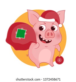Cute cartoon Pig in Santa hat with a bag of gifts. Vector illustration