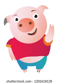 Cute cartoon pig says hi, waving and shy. Vector illustration. Symbol of the new year 2019 Isolated on transparent background. Excellent for the design of postcards, posters, stickers etc.  