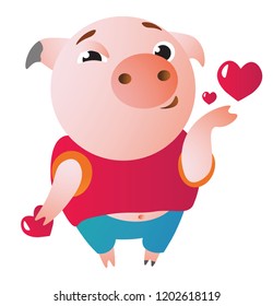 Cute cartoon pig sending air kiss with read hearts. Vector illustration. Symbol of the new year 2019 Isolated on transparent background. Excellent for the design of postcards, posters, stickers etc.  