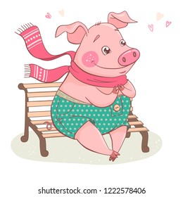 Cute cartoon pig sitting on a bench is fallen in love. He wears polka-dot pants and pink scarf. Can be used like sticker, romantic cards for Valentine's Day