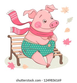 Cute cartoon pig sitting on a bench. He wears polka-dot pants and pink scarf. Isolated objects on white background. Vector illustration