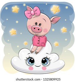 Cute Cartoon Pig is sitting a on the Cloud