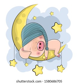 cute cartoon pig sleep on the moon for kids