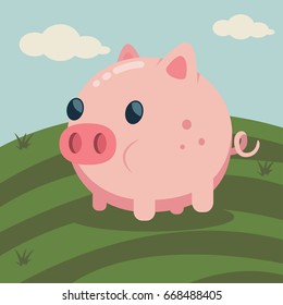 Cute cartoon pig sleeping on village landscape vector illustration. Farm animal.