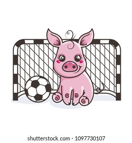 Cute cartoon pig with a soccer ball. Vector illustration. Baby animal art