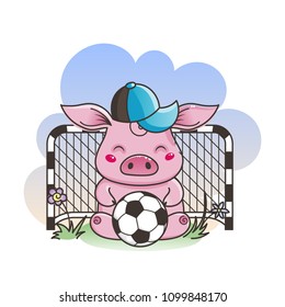 Cute cartoon pig with a soccer ball. Vector illustration. Baby animal art