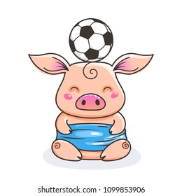 Cute cartoon pig with a soccer ball. Vector illustration. Baby animal art