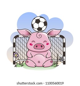 Cute cartoon pig with a soccer ball. Vector illustration. Baby animal art