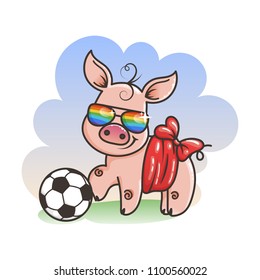 Cute cartoon pig with a soccer ball. Vector illustration. Baby animal art