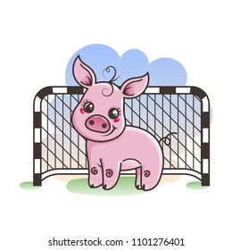 Cute cartoon pig with a soccer ball. Vector illustration. Baby animal art