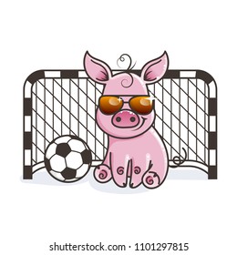 Cute cartoon pig with a soccer ball. Vector illustration. Baby animal art