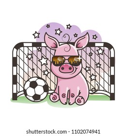 Cute cartoon pig with a soccer ball. Vector illustration. Baby animal art