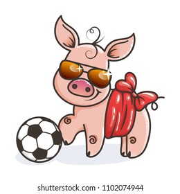 Cute cartoon pig with a soccer ball. Vector illustration. Baby animal art