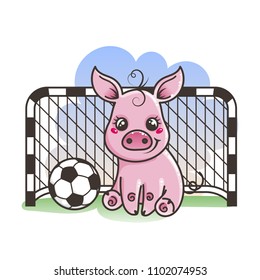 Cute cartoon pig with a soccer ball. Vector illustration. Baby animal art