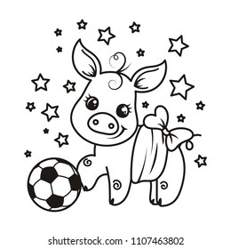 Cute cartoon pig with a soccer ball. Vector illustration. Coloring page