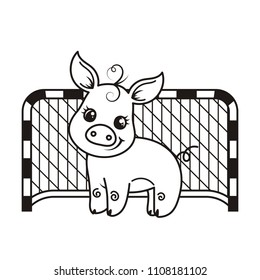 Cute cartoon pig with a soccer ball. Vector illustration. Coloring page