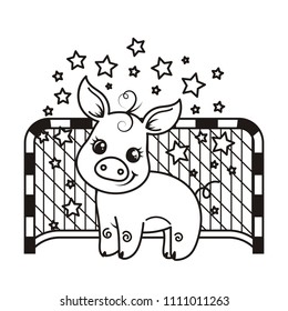 Cute cartoon pig with a soccer ball. Vector illustration. Coloring page