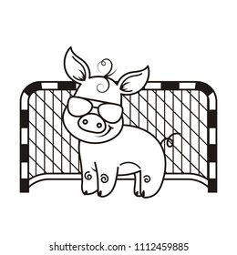 Cute cartoon pig with a soccer ball. Vector illustration. Coloring page