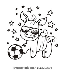 Cute cartoon pig with a soccer ball. Vector illustration. Coloring page
