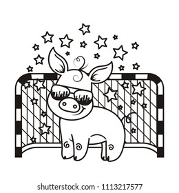 Cute cartoon pig with a soccer ball. Vector illustration. Coloring page