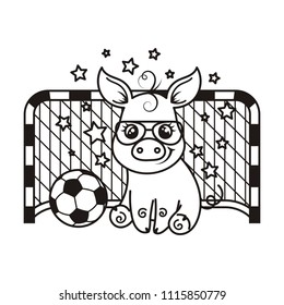 Cute cartoon pig with a soccer ball. Vector illustration. Coloring page