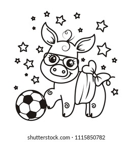 Cute cartoon pig with a soccer ball. Vector illustration. Coloring page