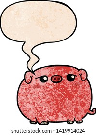 cute cartoon pig with speech bubble in retro texture style